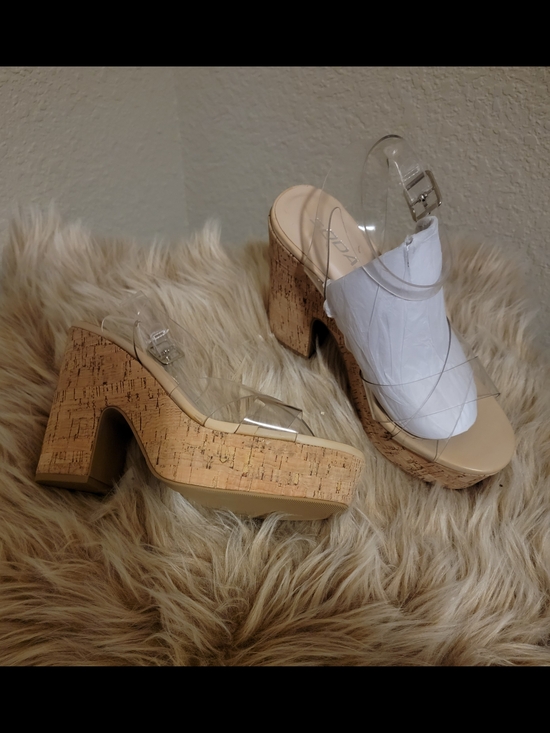 Soda Shoes - Soda Clear Strap Cork Platform Heels - White & Natural